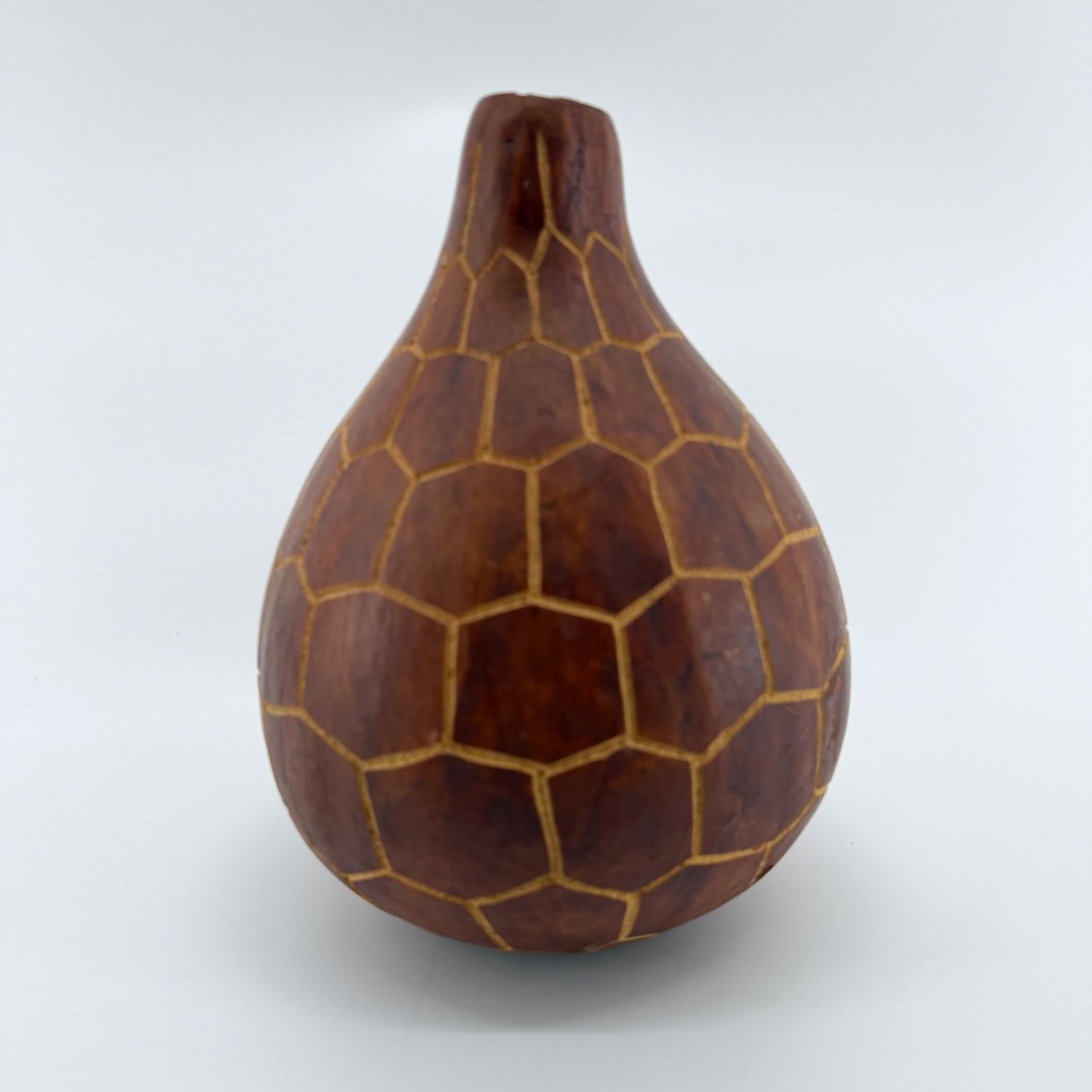 Besmo Hand Carved Wood Gourd Vase Kenya Honeycomb Geometric Pattern Brown 10 In